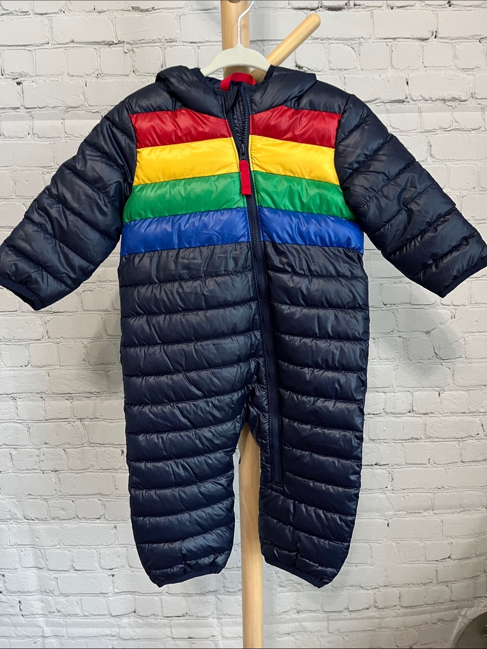Primary Navy Puffer Infant One-Piece with Rainbow Chest Stripes